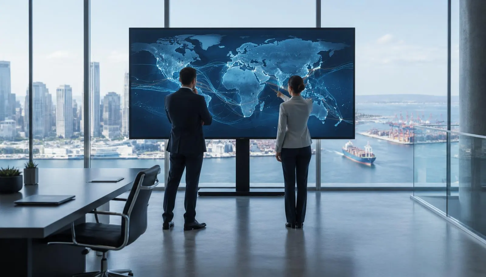 Advisors reviewing global trade routes on a large display