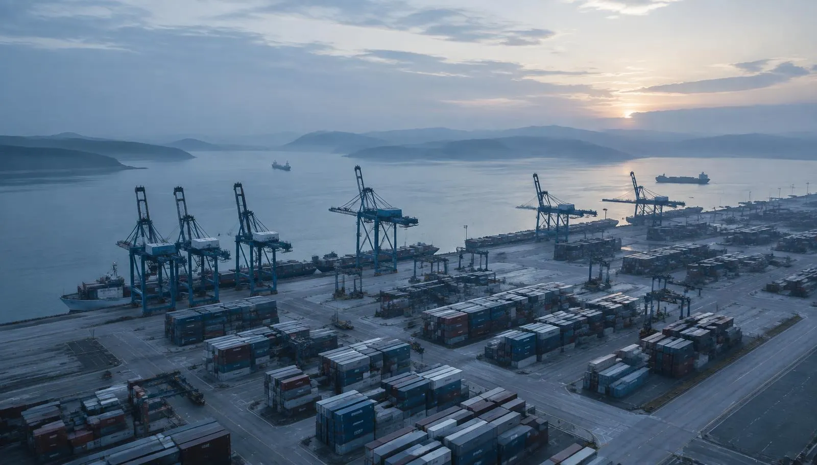 Container terminal with gantry cranes and vessels at dawn